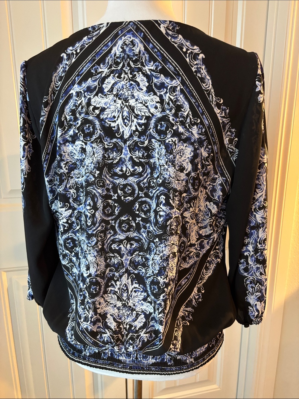 White House Black Market Black Wrap Blouse with Blue and White Scroll Print - Picture 3 of 7